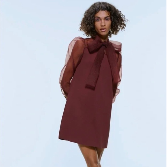 Zara organza dress semi sheer burgundy - Picture 5 of 6